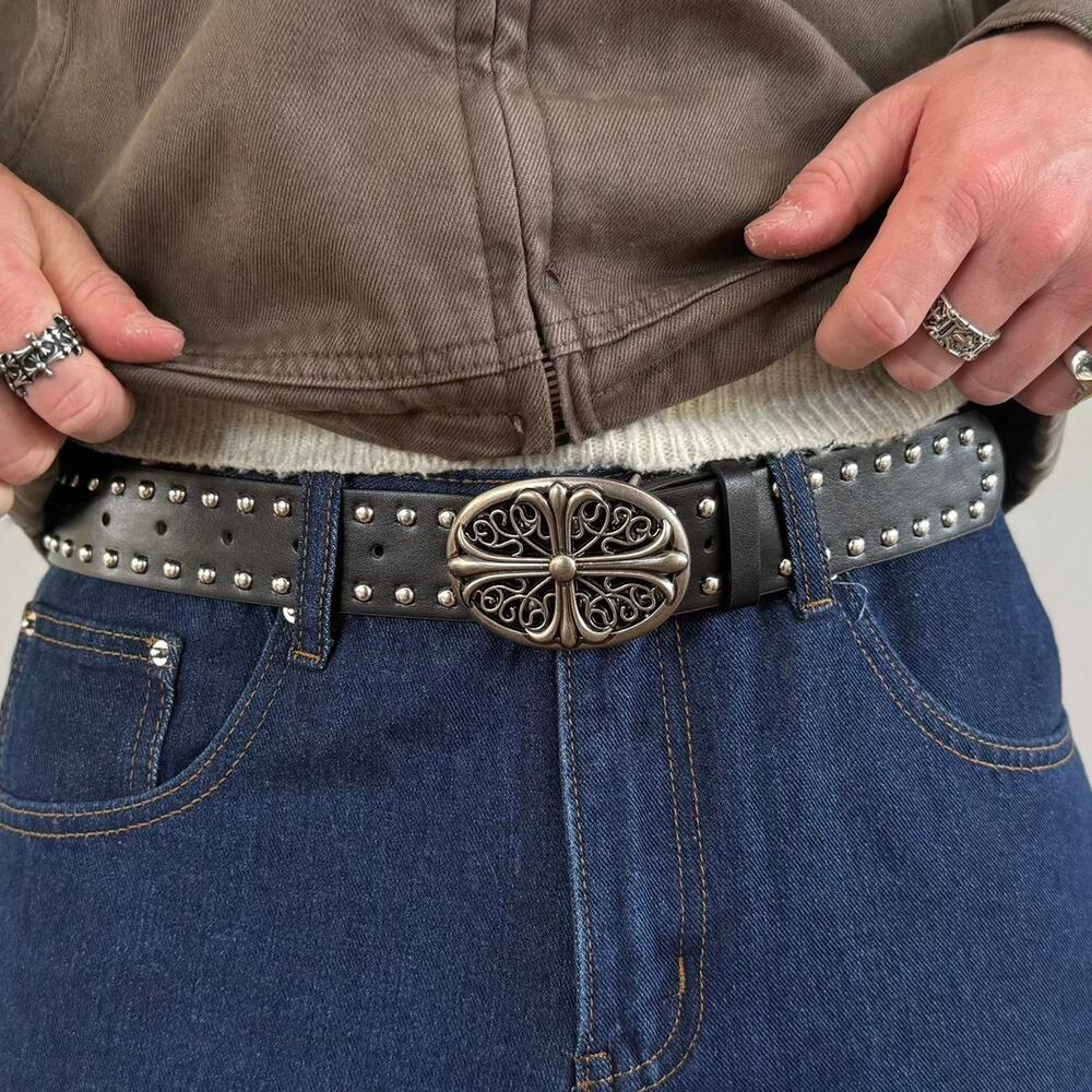 Vintage Chrome Cross Studded Black Belt – Silver Grunge Unisex Style, New - Picture 1 of 8